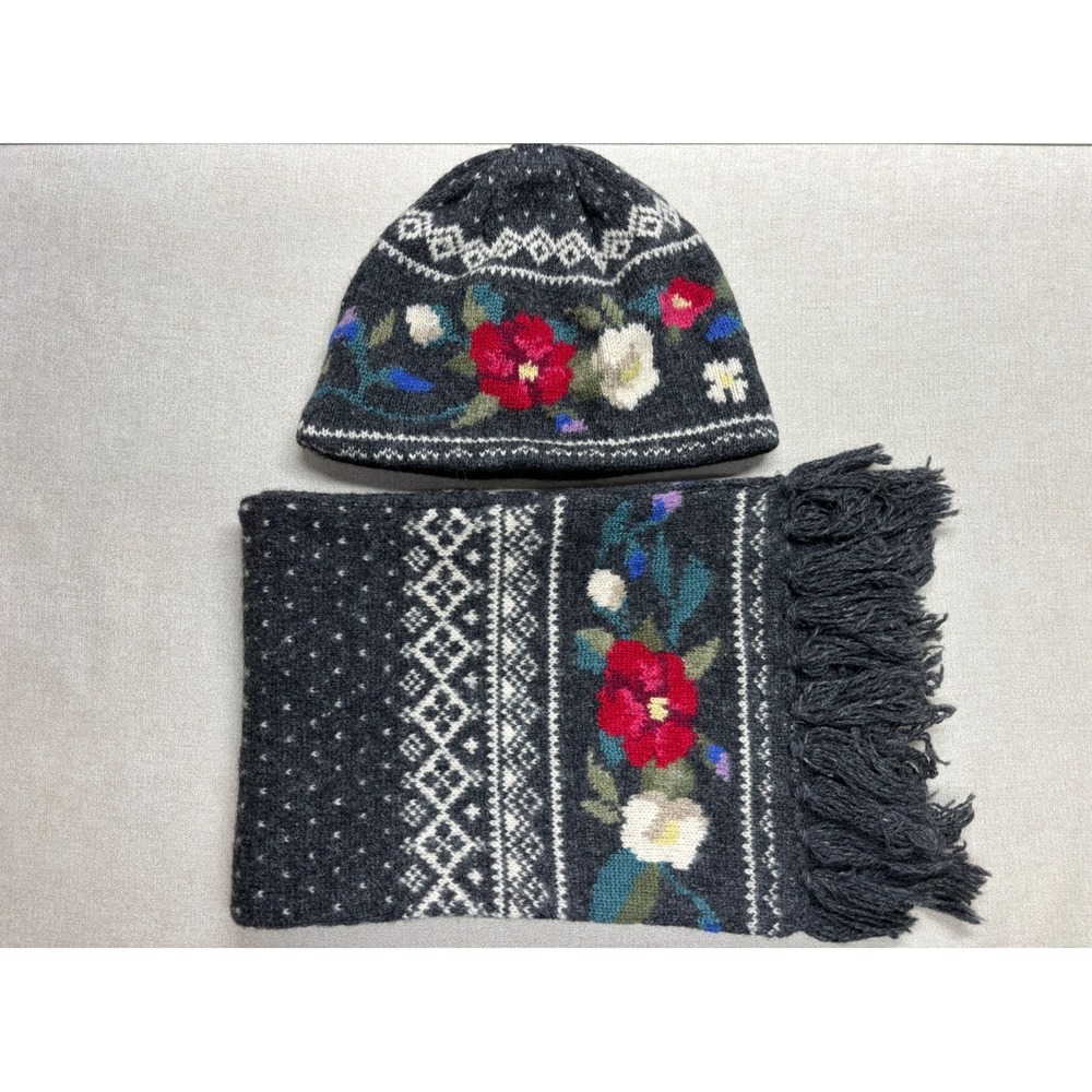 Vintage Talbots Scarf and Hat Set Gray Floral Fair Isle Wool Knit Fringe Winter